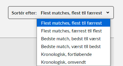 Skærmbillede af mulighederne for sortering.